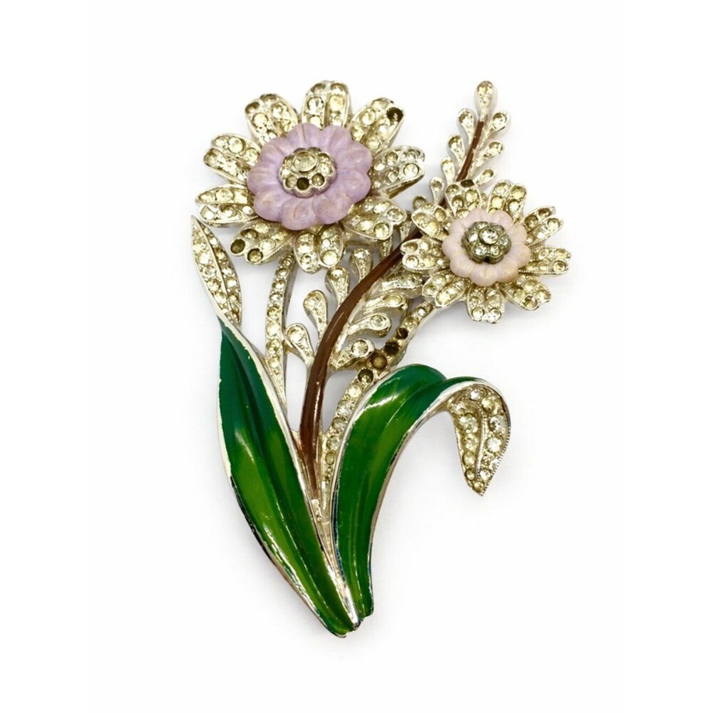 VINTAGE ENAMEL FLOWER Brooch Rhinestone Silver Tone Floral Statement Mcm READ